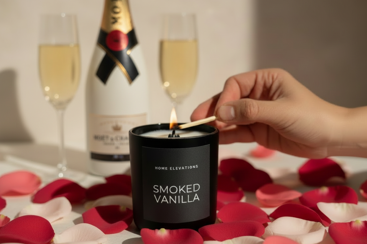 Hand lighting a Smoked Vanilla candle with champagne and rose petals in the background